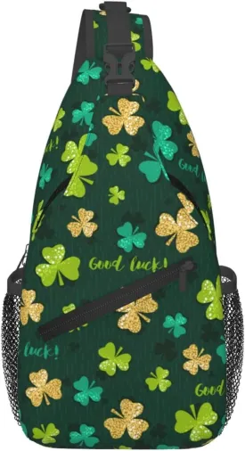 St Patricks Day Shamrock Crossbody Sling Backpack For Women Men, Fashion Adjustable Lucky Clover Chest Bag Green Shoulder Bag Sling Bag For Sport Travel Hiking Daypack