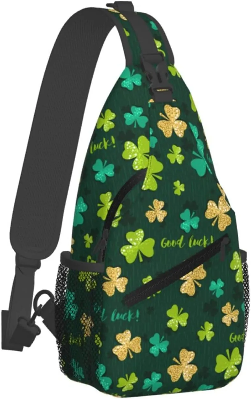 St Patricks Day Shamrock Crossbody Sling Backpack For Women Men, Fashion Adjustable Lucky Clover Chest Bag Green Shoulder Bag Sling Bag For Sport Travel Hiking Daypack