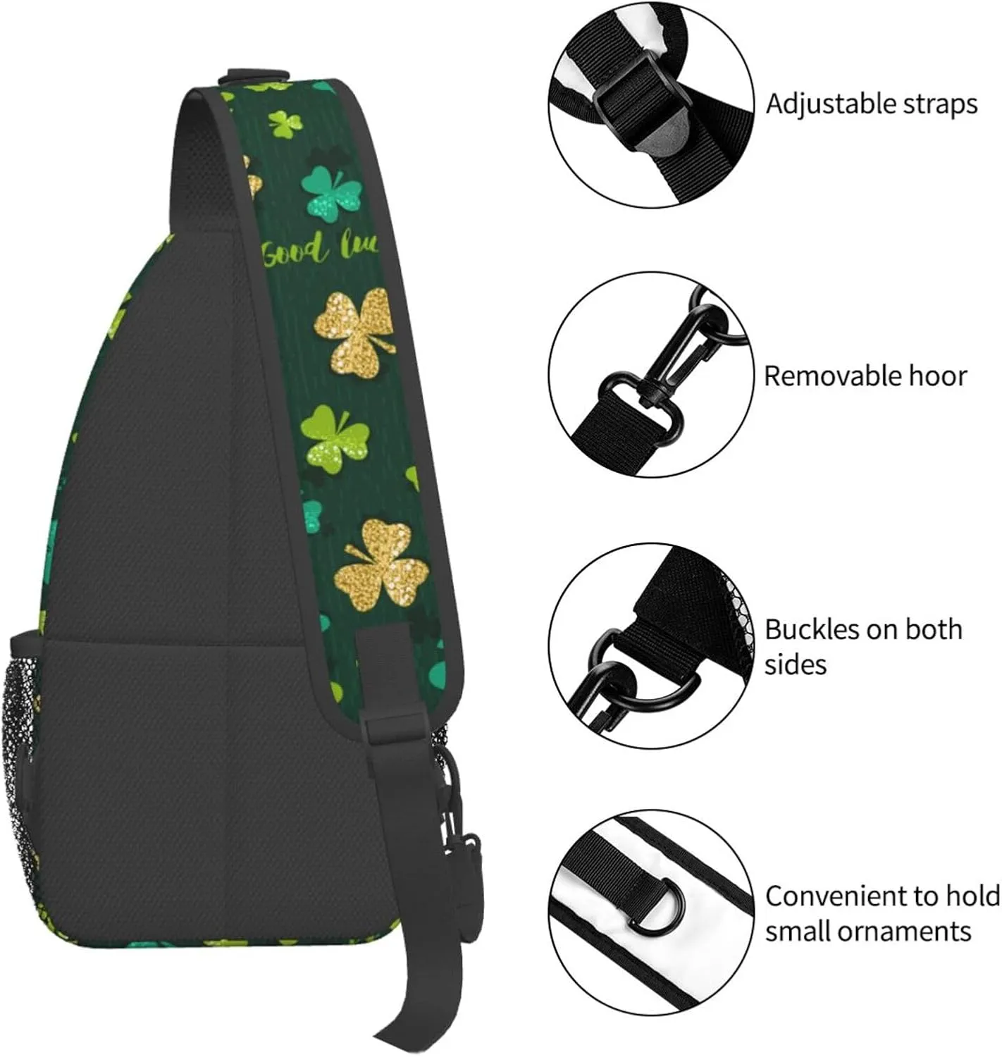 St Patricks Day Shamrock Crossbody Sling Backpack For Women Men, Fashion Adjustable Lucky Clover Chest Bag Green Shoulder Bag Sling Bag For Sport Travel Hiking Daypack