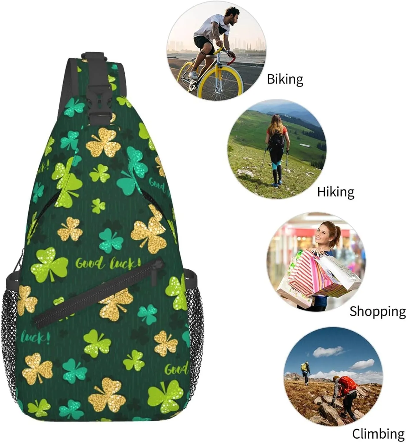 St Patricks Day Shamrock Crossbody Sling Backpack For Women Men, Fashion Adjustable Lucky Clover Chest Bag Green Shoulder Bag Sling Bag For Sport Travel Hiking Daypack