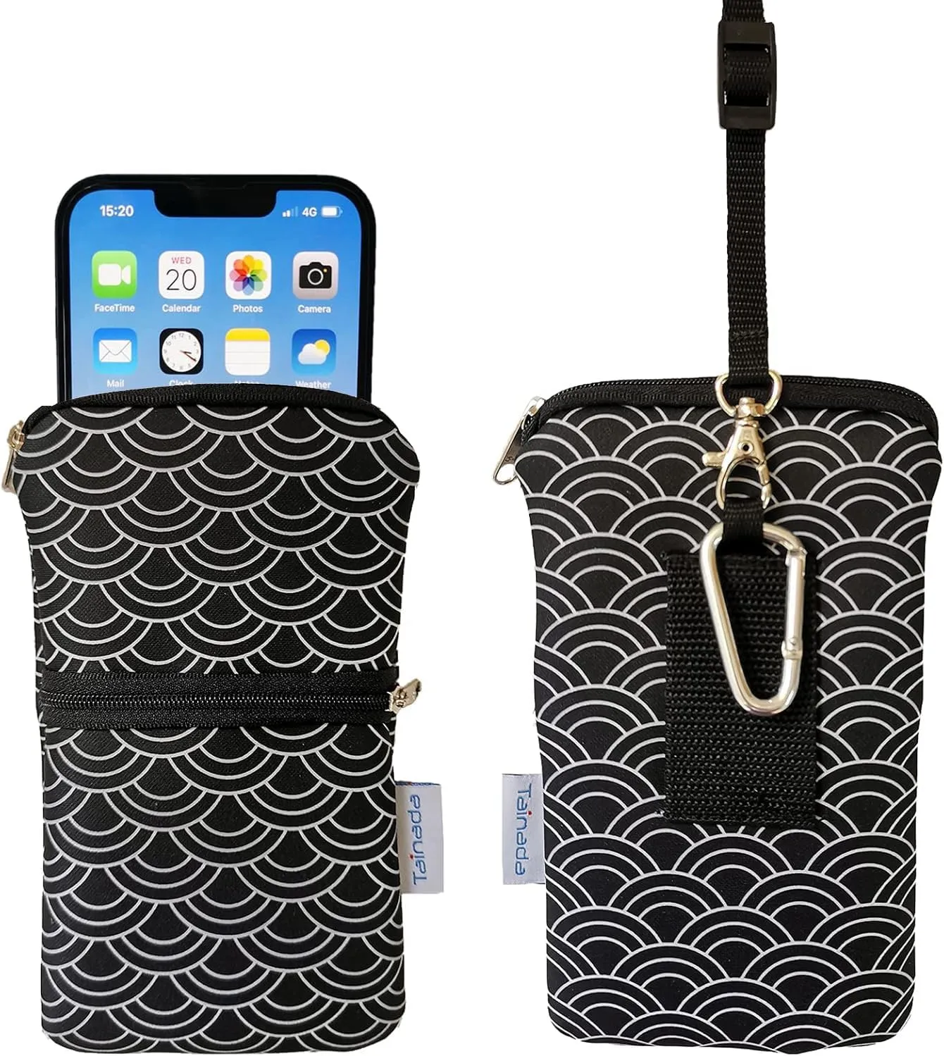 Tainada Men Women Phone Neoprene Shockproof Zippered Sleeve Case Bag Pouch with Carabiner, Neck Lanyard, Belt Loop Holster foriPhone 16/15 Pro Max, 16/15 Plus, Samsung S24 , A54, Z Fold6 (Black Waves)