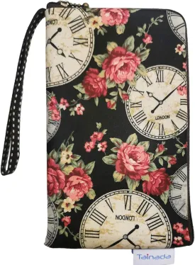 Tainada Women Universal Phone Wristlet Wallet Pouch, Dual Slots Zipper Purse Carry Case Bag for iPhone 16/15/14, 16/15/14 Pro Max, 16/15/14 Plus; Samsung S24 , S23 FE, A25, A54, Z Fold5 (Clock)