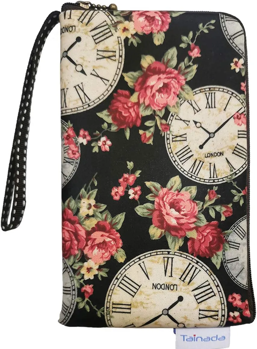 Tainada Women Universal Phone Wristlet Wallet Pouch, Dual Slots Zipper Purse Carry Case Bag for iPhone 16/15/14, 16/15/14 Pro Max, 16/15/14 Plus; Samsung S24 , S23 FE, A25, A54, Z Fold5 (Clock)