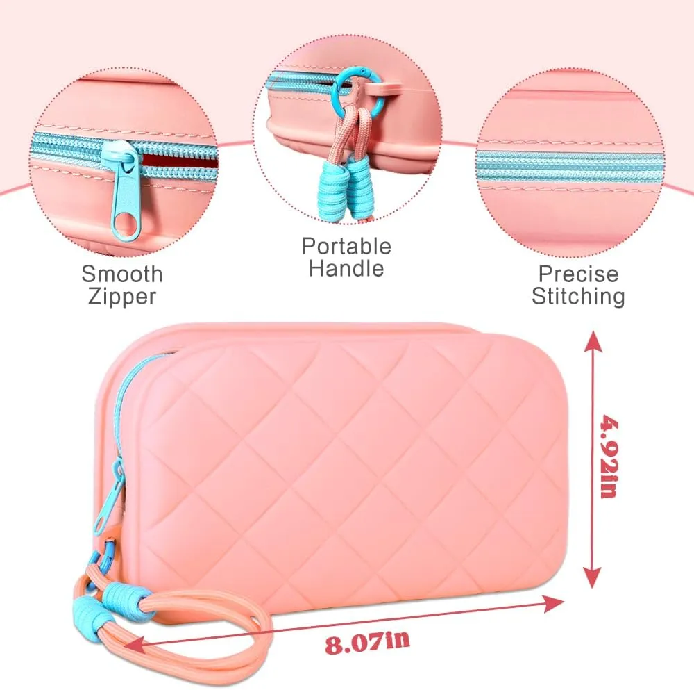 Travel Makeup Bag Waterproof Silicone Toiletry Bag for Women Men Pink Cute Cosmetic Bags Mini Zipper Makeup Pouches for Purse Pretty Gifts for Teacher Mom Sister Girlfriend