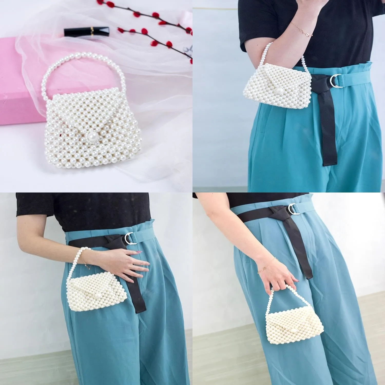 White Beaded Pearl Handbag Coin Purse Acrylic Beaded Handbag Mini Wrislet Clutch Elegant Evening Bag for Party Wedding
