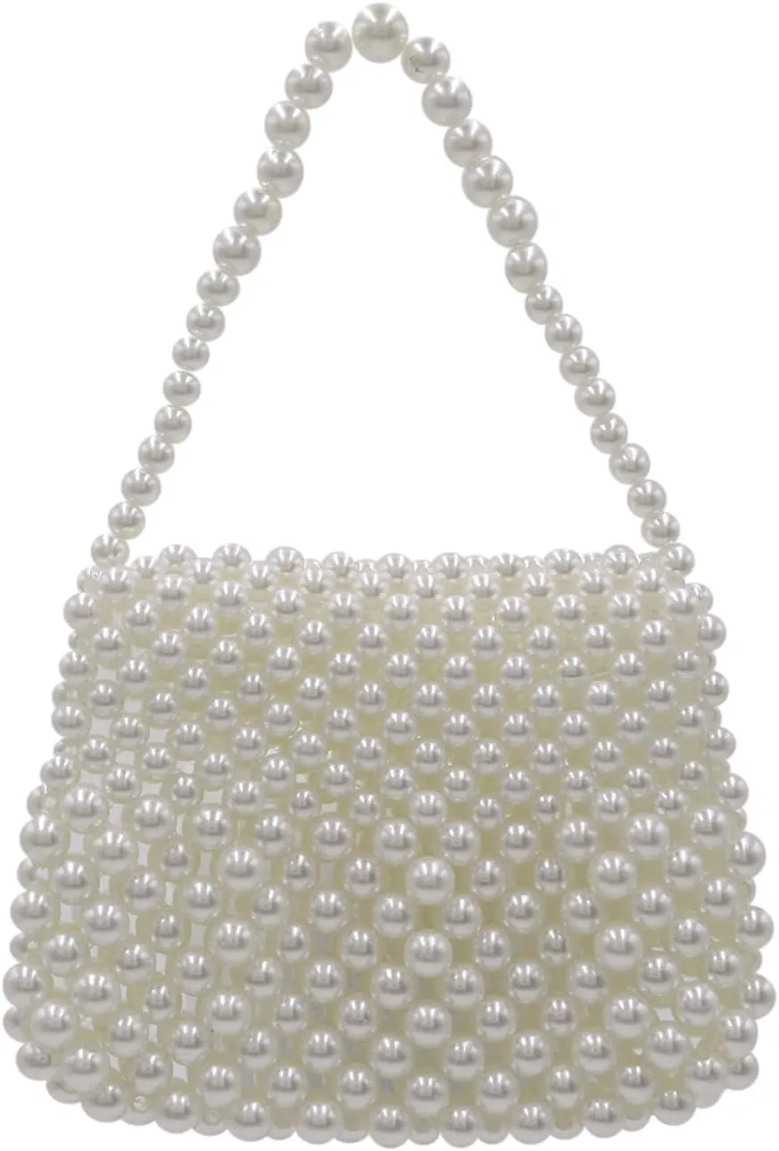 White Beaded Pearl Handbag Coin Purse Acrylic Beaded Handbag Mini Wrislet Clutch Elegant Evening Bag for Party Wedding