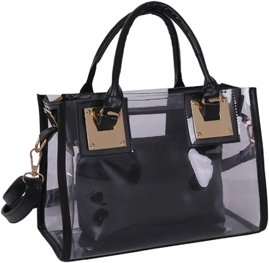 Women 2 Pcs Small Clear Tote Beach Shoulder Top-handle Bag PVC Transparent Satchel Handbag Purse