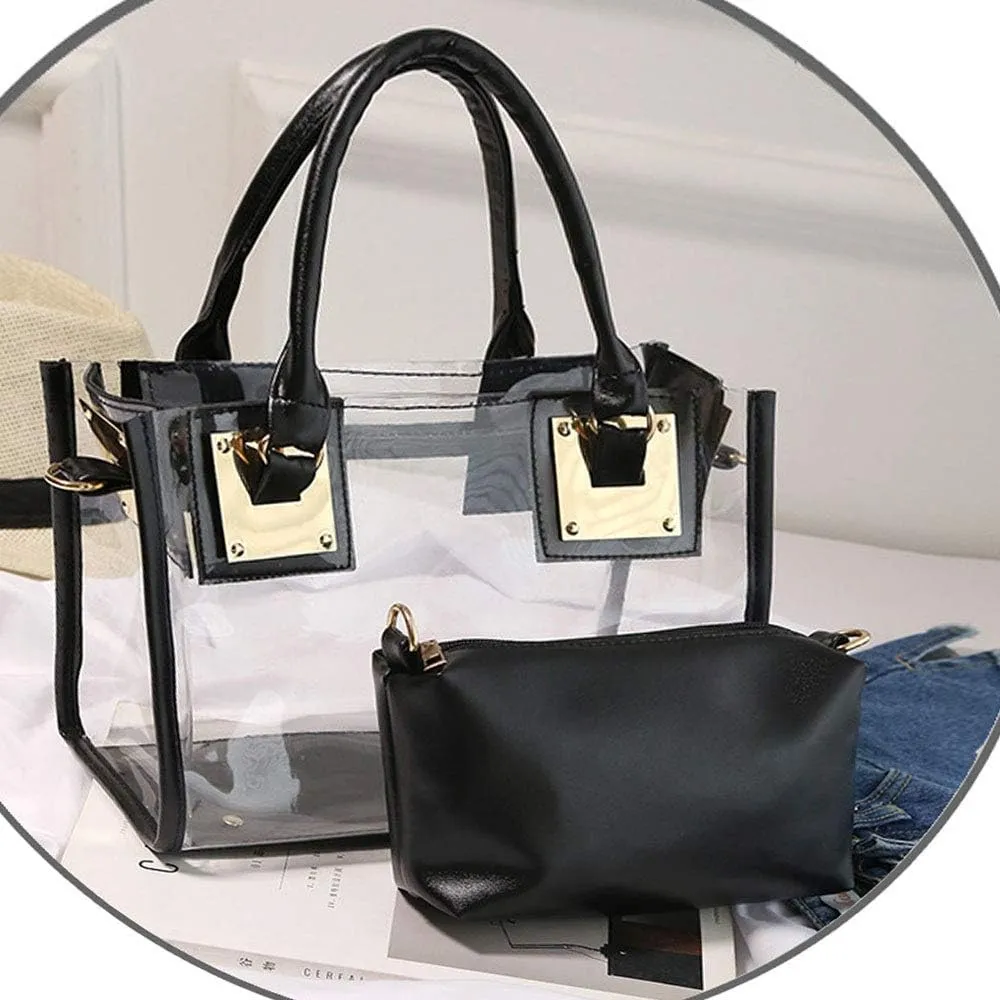 Women 2 Pcs Small Clear Tote Beach Shoulder Top-handle Bag PVC Transparent Satchel Handbag Purse