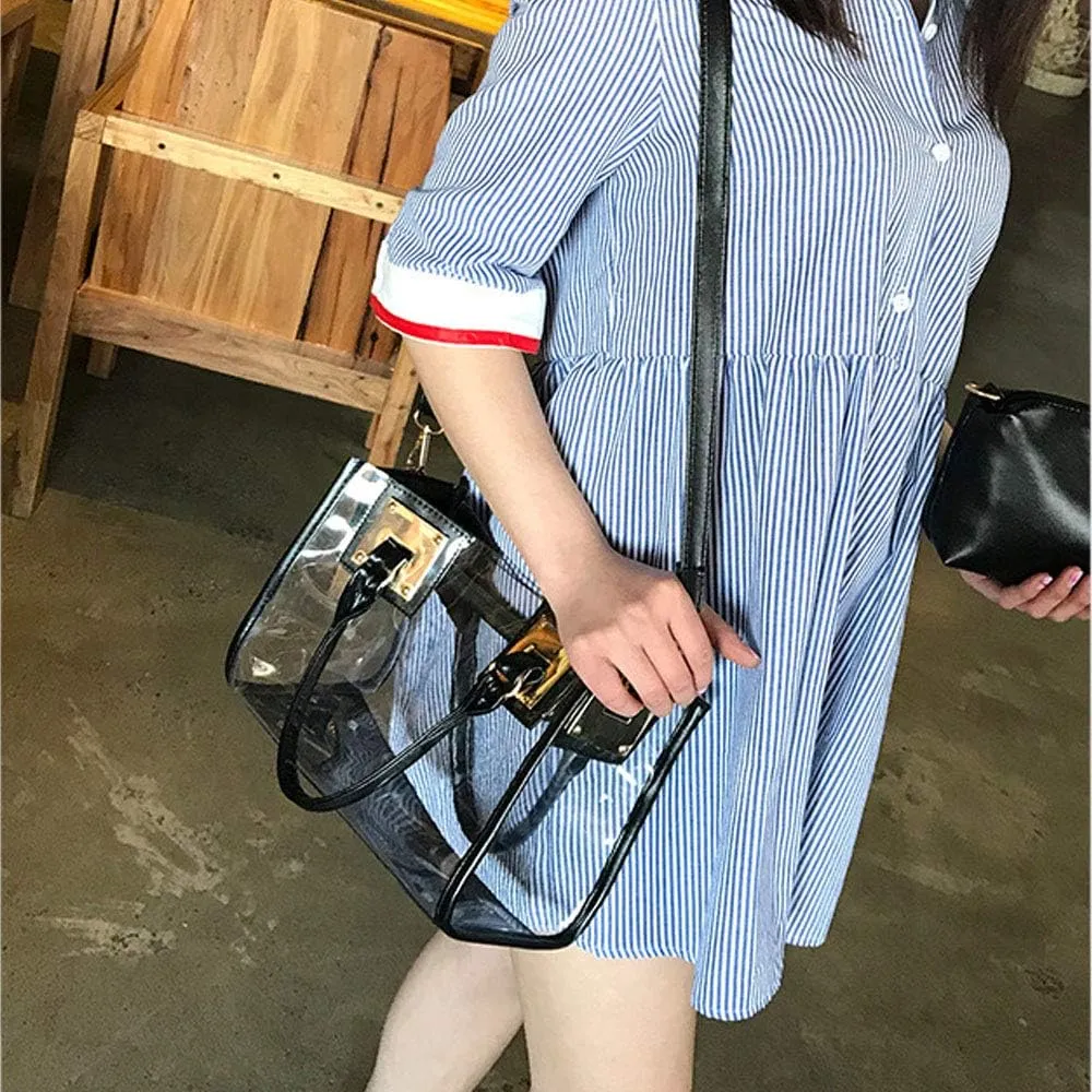 Women 2 Pcs Small Clear Tote Beach Shoulder Top-handle Bag PVC Transparent Satchel Handbag Purse
