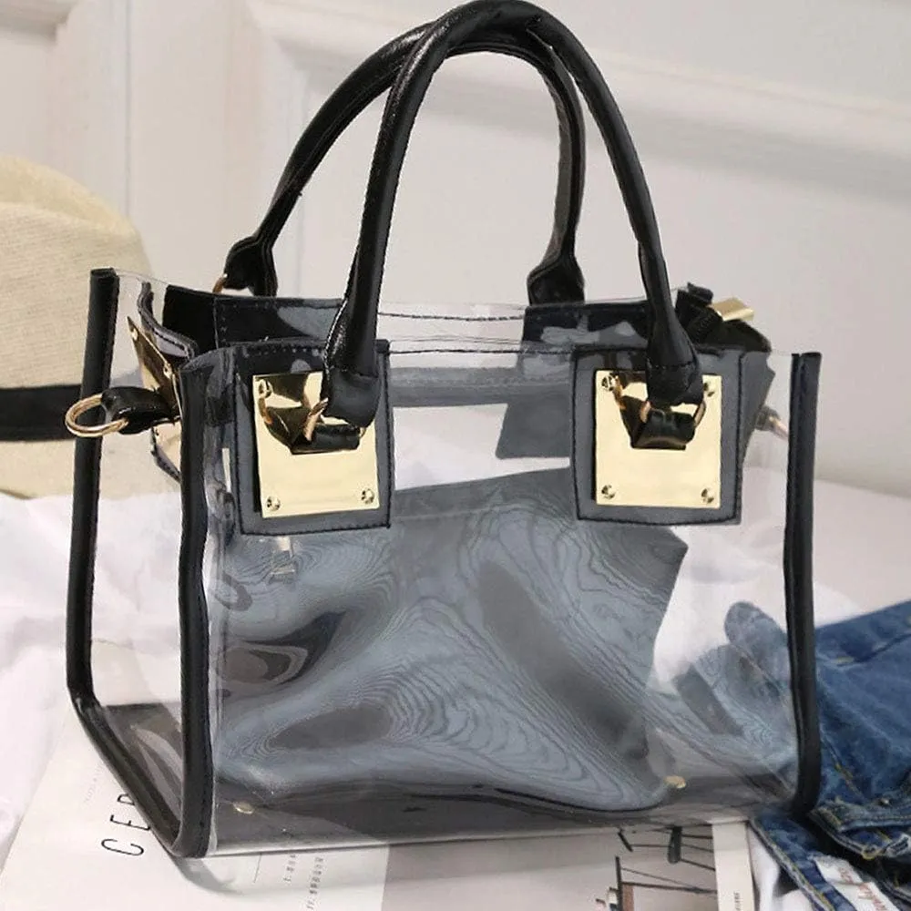 Women 2 Pcs Small Clear Tote Beach Shoulder Top-handle Bag PVC Transparent Satchel Handbag Purse