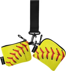 Yellow Softball Mini Zip Around Wristlet keychain Wallet for Women with Detachable Dual Pouch Wristlet Portable wallet Coin Purse
