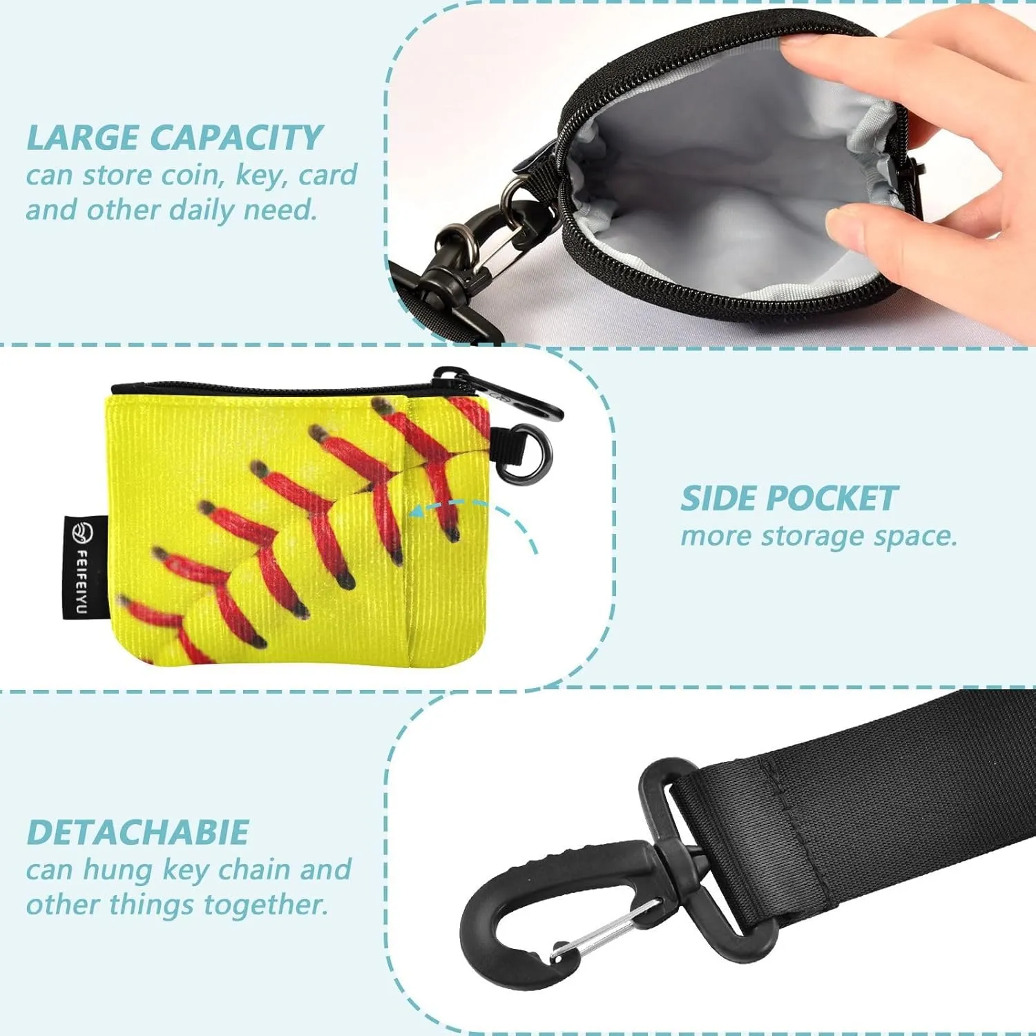 Yellow Softball Mini Zip Around Wristlet keychain Wallet for Women with Detachable Dual Pouch Wristlet Portable wallet Coin Purse