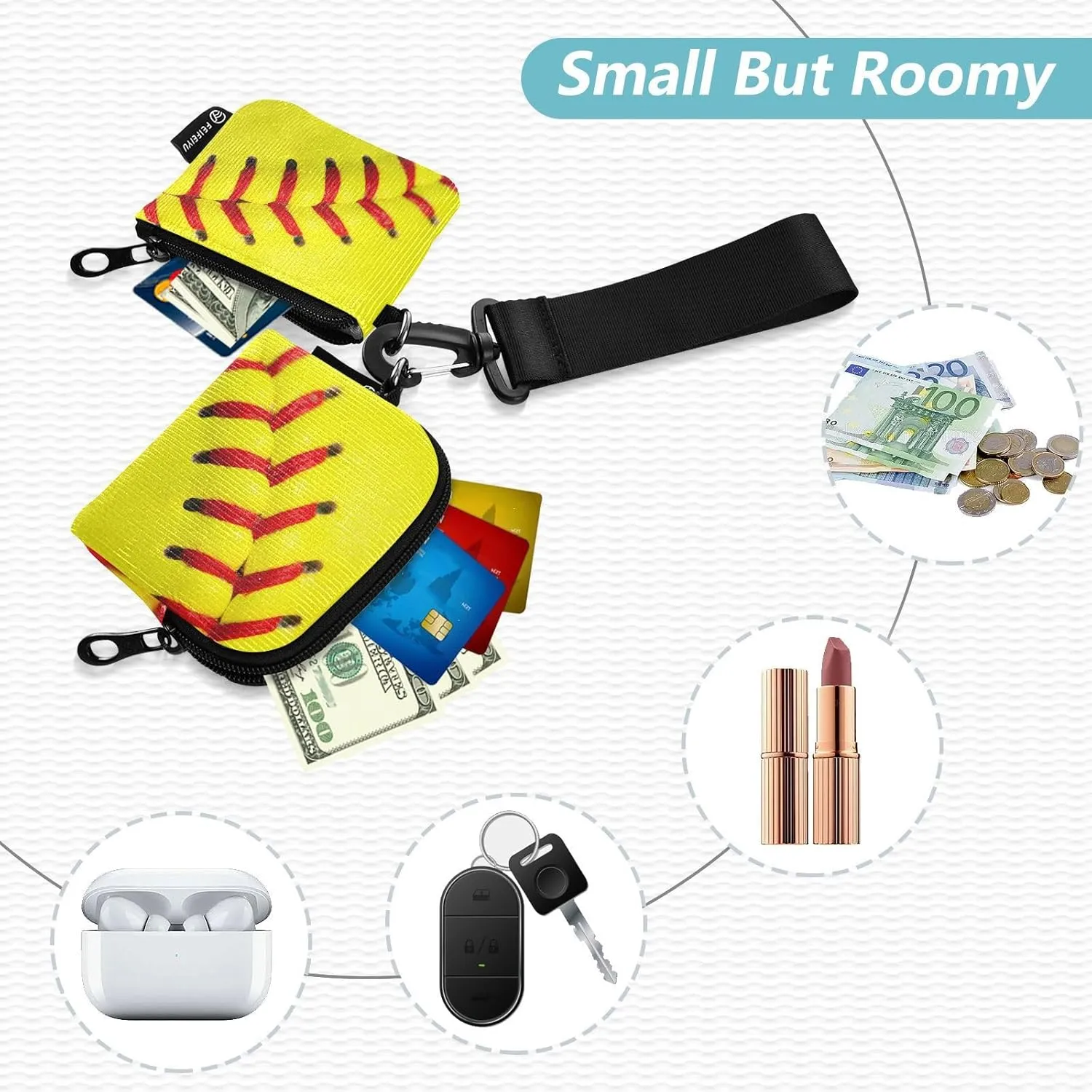 Yellow Softball Mini Zip Around Wristlet keychain Wallet for Women with Detachable Dual Pouch Wristlet Portable wallet Coin Purse